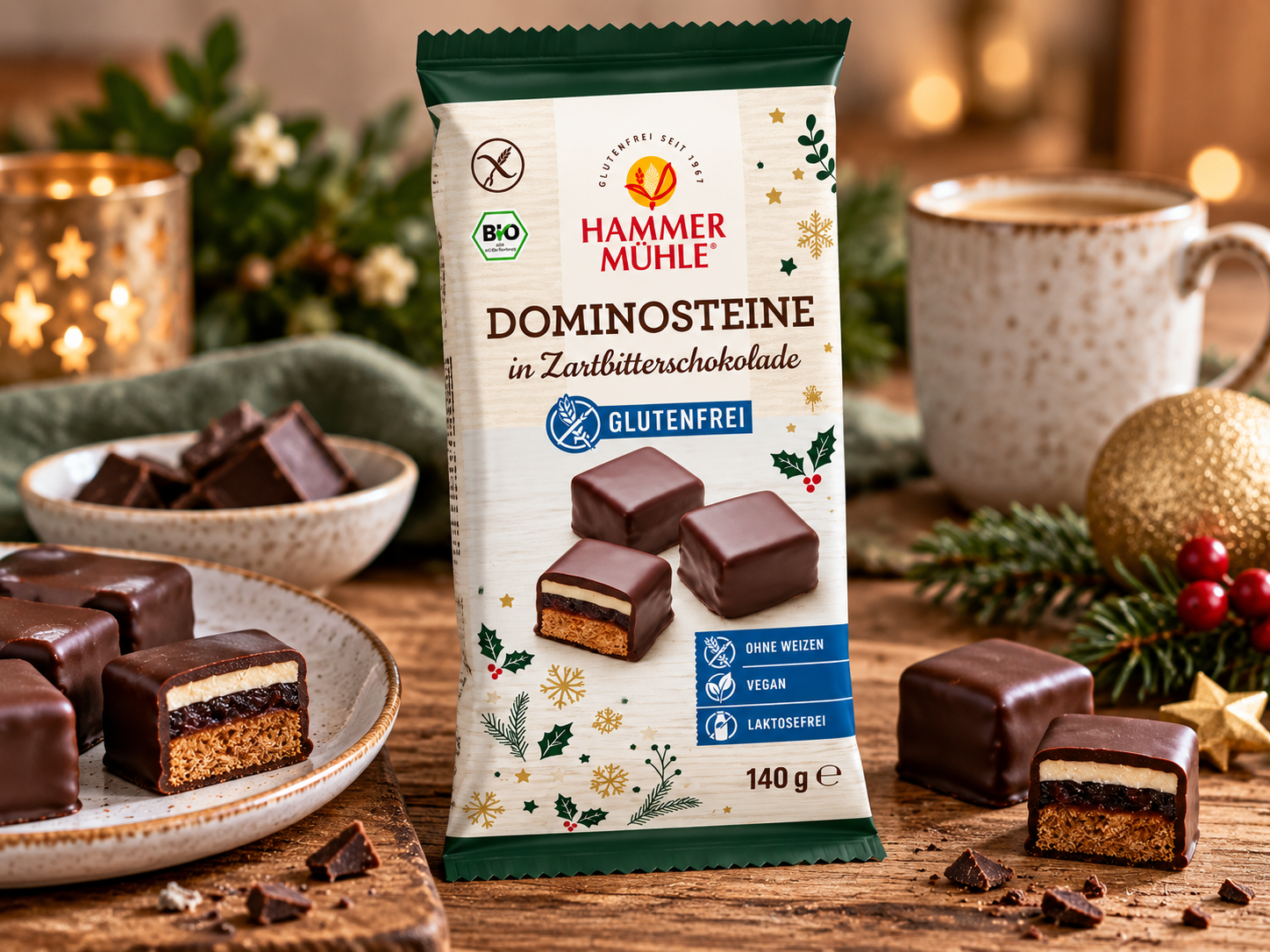 Bezlepkové DOMINO KOSTKY v jemné hořké čokoládě, 140 g, BIO, Vánoční edice